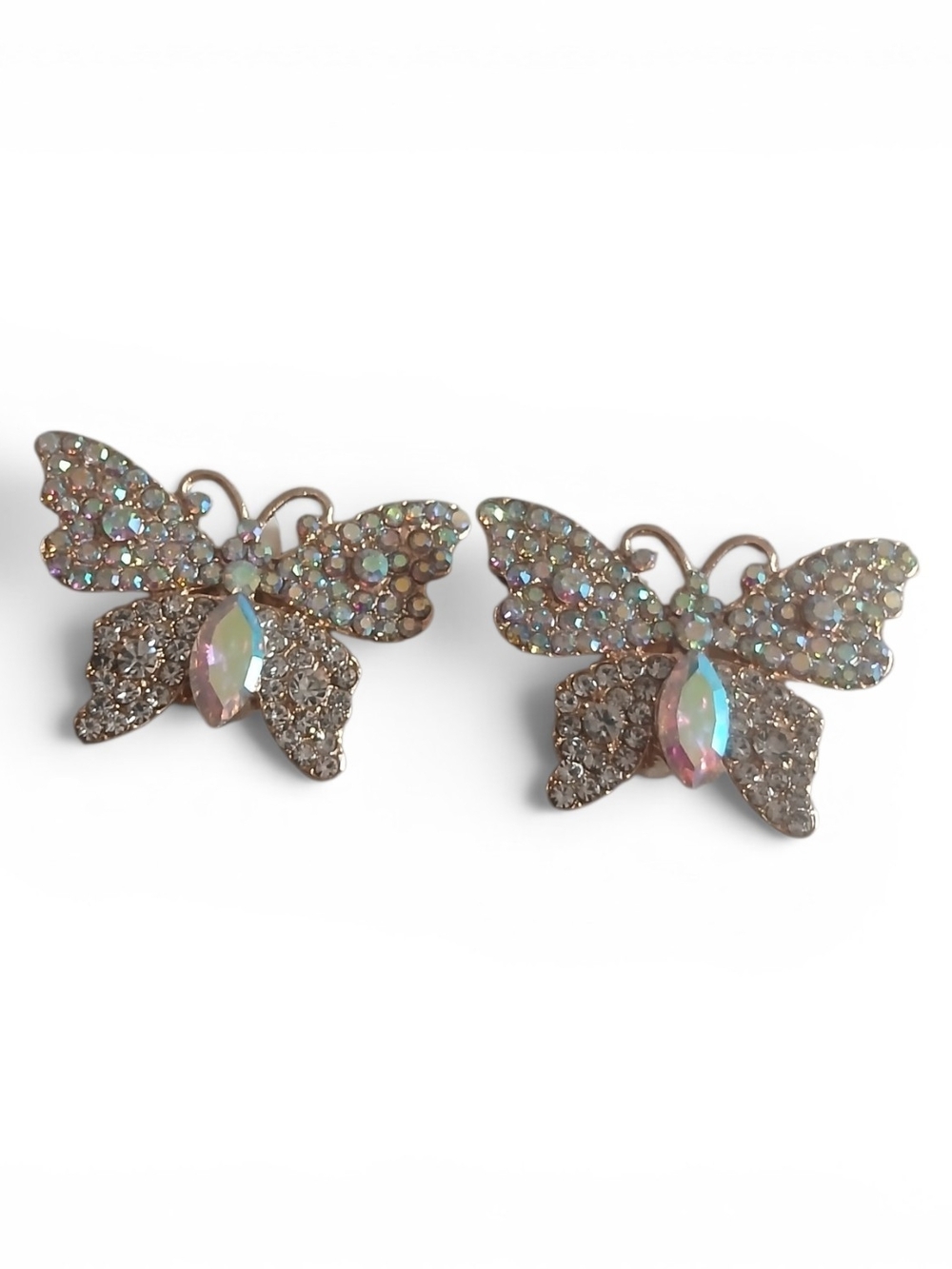 Clip OnIridescent Crystal Butterfly Stud Earrings - Pink & Opal Tones Clip On